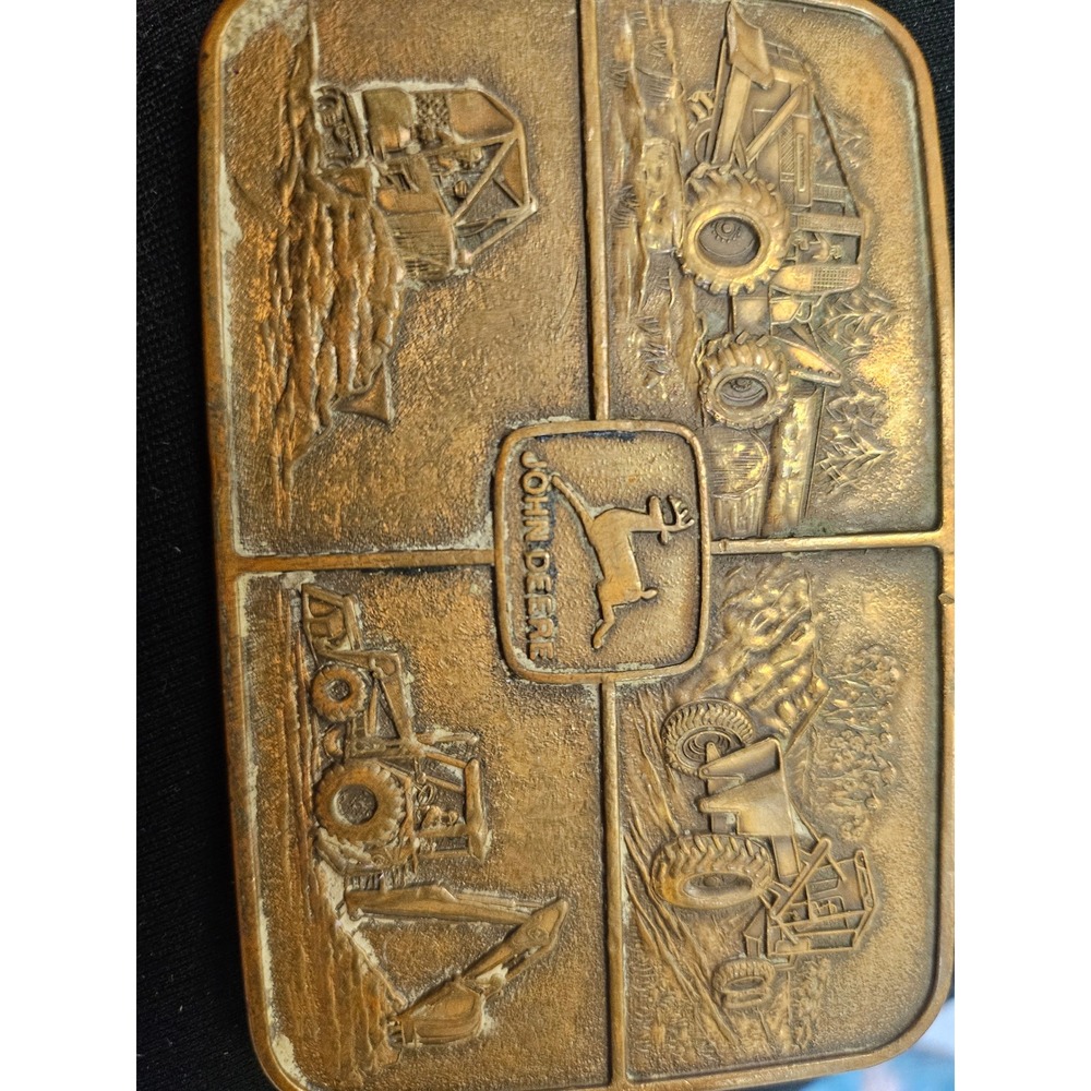 Vintage John Deere Belt Buckle Brass Tone Tractor Farm Machinery 4 Panel Logo